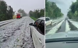 'Pedras do tamanho de ovos': temporal de granizo cobre rodovia no Norte do RS