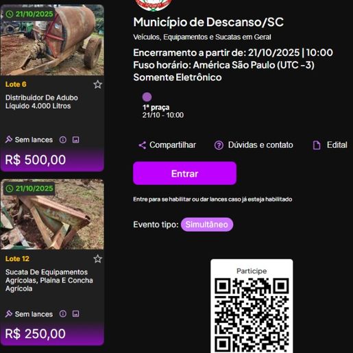 Prefeitura de Descanso faz leilão com veículos, móveis e sucatas