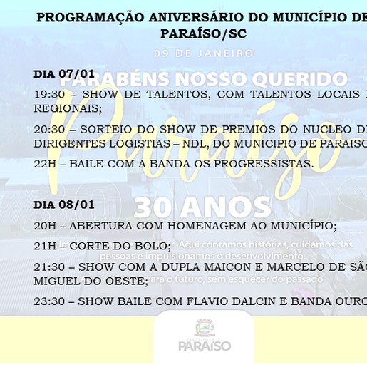 Paraíso terá programação especial em comemoração ao aniversário do município 