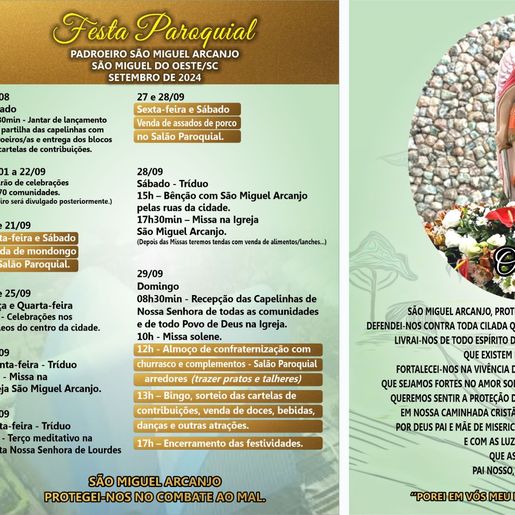 Festa do padroeiro São Miguel Arcanjo terá programação religiosa e festiva em SMOeste