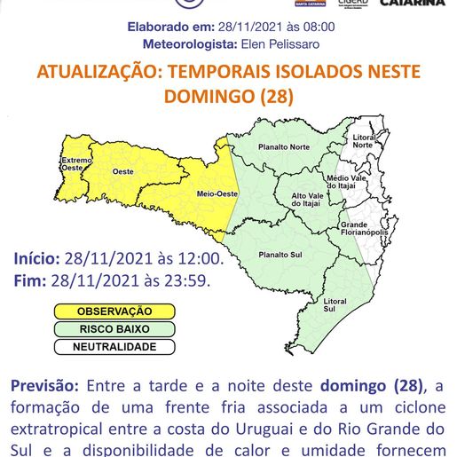 Previsão do tempo indica chuva e possibilidade de temporais na região