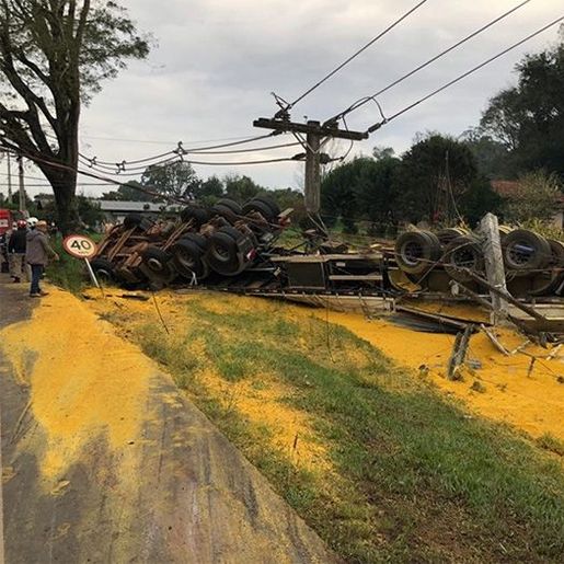 Caminhão carregado com 37 toneladas de milho tomba no Paraná 