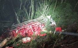 Caminhão carregado com aves sai da pista e cai em barranco na BR 282