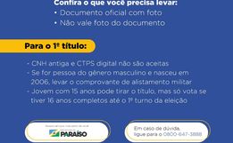 Justiça Eleitoral leva atendimento a Paraíso nos dias 19 e 20 de agosto