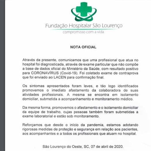 Um dos casos de Covid-19 em São Lourenço é de uma enfermeira do Hospital da Fundação 