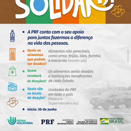 PRF lança campanha “Estrada Solidária” para arrecadar alimentos à instituições sociais