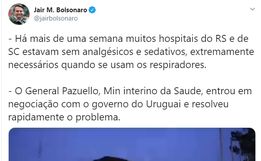 Bolsonaro posta vídeo sobre importação de medicamentos para SC e RS
