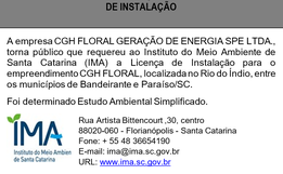 Pedido de Licença Ambiental de Instalação - CGH Floral Geração de Energia SPE LTDA