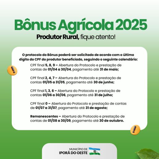  Bônus Agrícola sofre reajuste de 10% em Iporã do Oeste