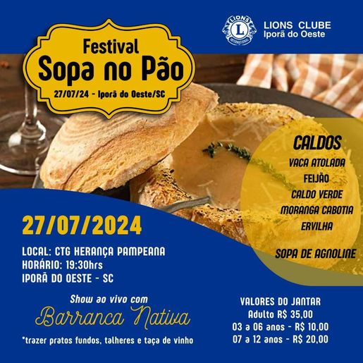 Lions Clube Iporã promove Primeiro Festival da Sopa no Pão  neste sábado 