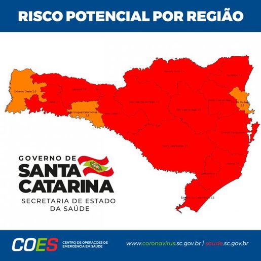 Sobe para 13 o número de regiões em risco gravíssimo para Covid-19 em SC