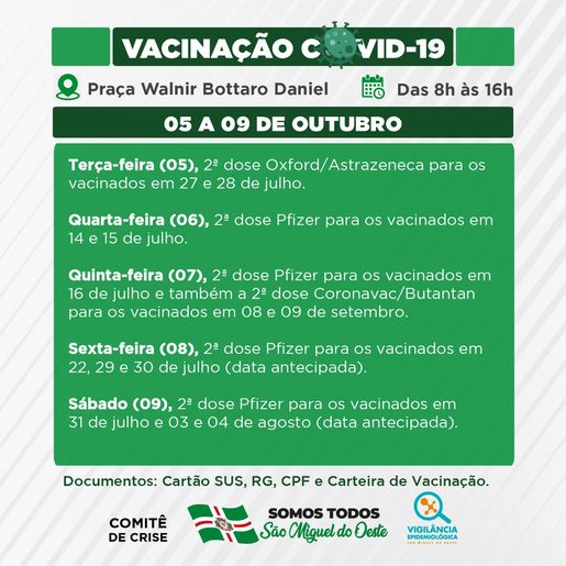 Saúde de SMOeste divulga cronograma de vacinação contra Covid-19