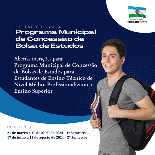 Iporã do Oeste está com inscrições abertas para o Programa de Bolsas de Estudos