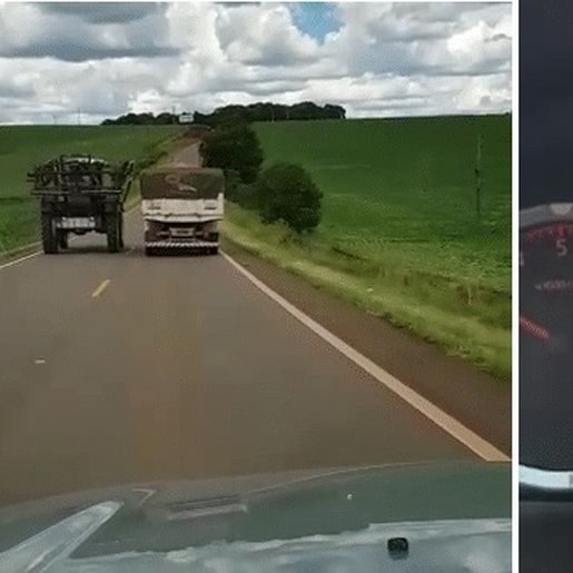 Vídeo mostra pulverizador agrícola realizando ultrapassagem a 110 km/h