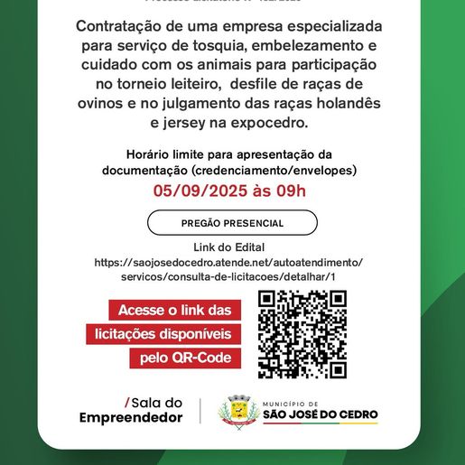 São José do Cedro abre licitação para serviços de cuidados com animais na EXPOCEDRO