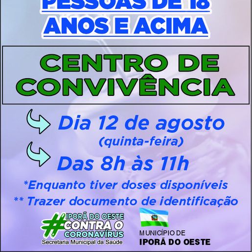 Município vacina população a partir de 18 anos contra Covid nesta quinta-feira