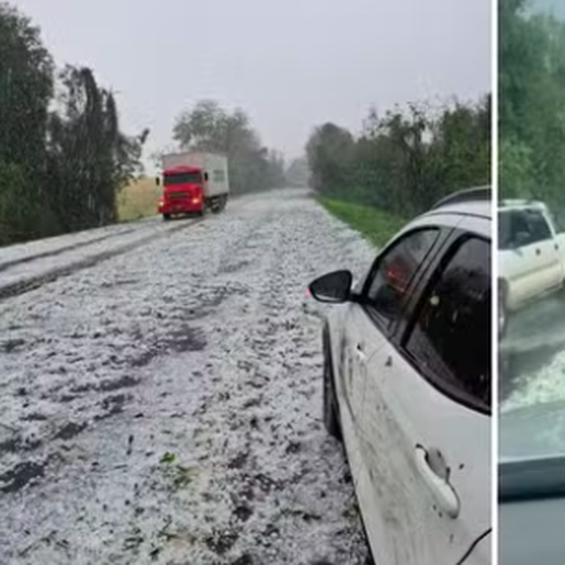 'Pedras do tamanho de ovos': temporal de granizo cobre rodovia no Norte do RS