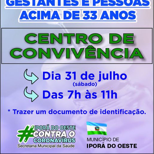Iporã do Oeste vacina público a partir de 33 anos neste sábado