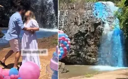 Chá revelação tingiu cachoeira com produto para lagos ornamentais