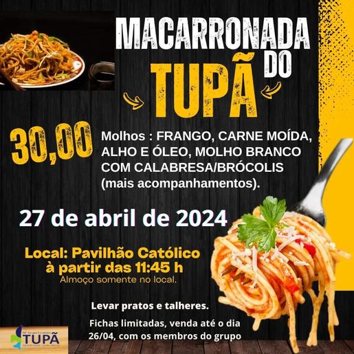 Tradicional macarronada do grupo Escoteiro Tupã  acontece neste sábado