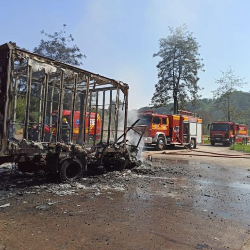 Caminhão é destruído por incêndio na BR-282