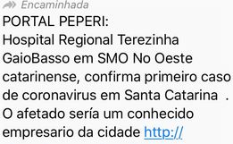 É FAKE: Mensagem utilizando Portal Peperi como fonte para caso de Coronavirus 