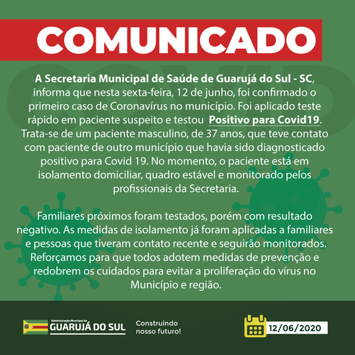 Guarujá do Sul confirma o 1º caso de Covid 19