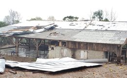 Galpão tem metade do telhado arrancado pelos fortes ventos em propriedade de Iporã do Oeste