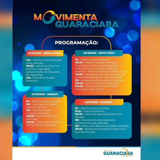 Movimenta Guaraciaba começa nesta quinta com shows e sorteio de carro 