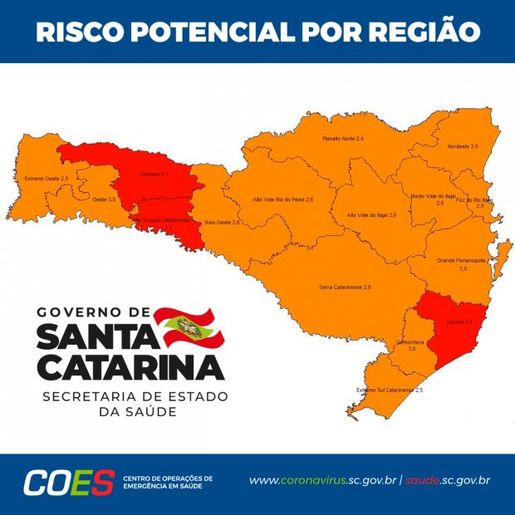 Sobe para 3 o número de regiões em alerta máximo para Covid-19 em SC