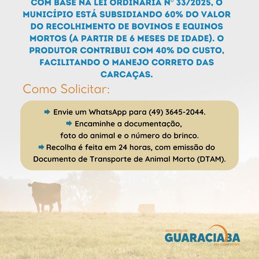 Guaraciaba inicia parceria para recolhimento de bovinos e equinos mortos 