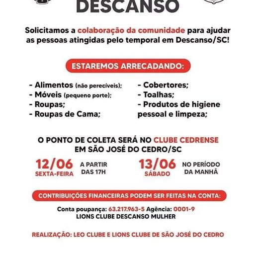 São José do Cedro faz campanha para arrecadação de donativos para as famílias atingidas por tornado