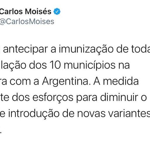 COVID: governo vai antecipar imunização em dez municípios na fronteira com Argentina