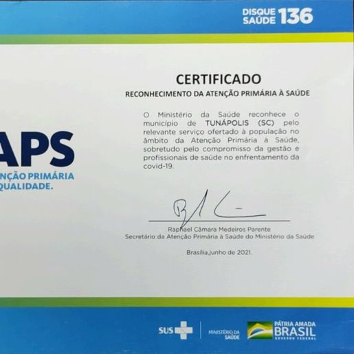 Tunápolis recebe certificado do Ministério da Saúde