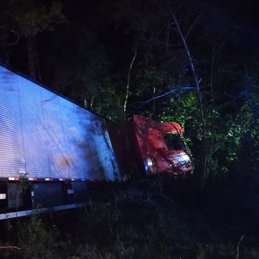 Caminhão sai da pista e bate em árvores na BR-282 em Iraceminha