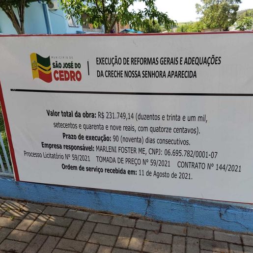 Obras em creche de São José do Cedro devem ser finalizadas em dois meses