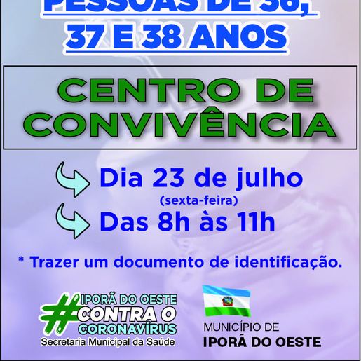 Município vacina população de 36 a 38 anos contra Covid nesta sexta-feira