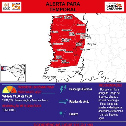 Defesa Civil emite alerta de risco alto para temporais na região 