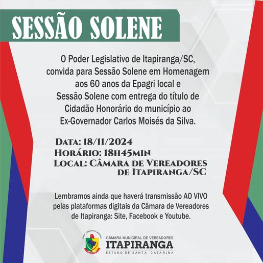  Câmara de Itapiranga terá sessão solene pelos 60 anos da Epagri 