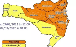 SC tem novo alerta para temporais com queda de granizo, raios e rajadas de vento