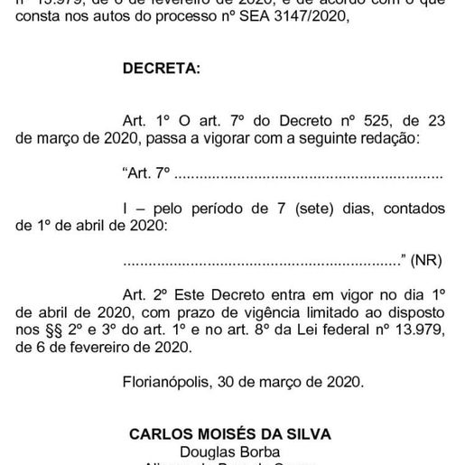 Governo de SC oficializa mais sete dias de quarentena a partir de 1° de abril