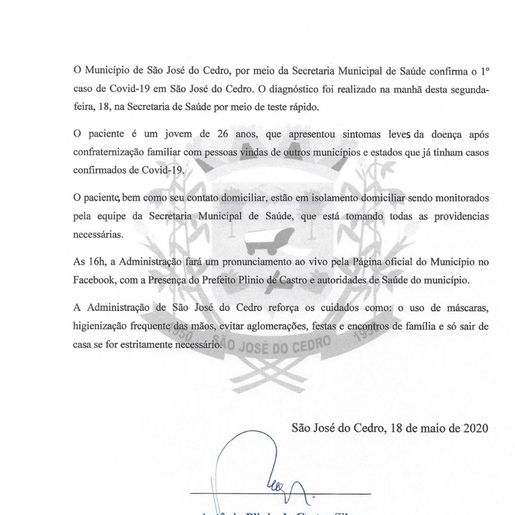 São José do Cedro confirma o 1º caso de Coronavírus
