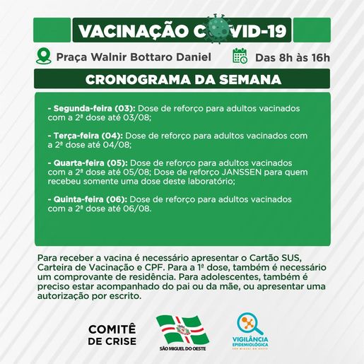 SMOeste anuncia calendário de vacinação contra Covid-19 para próxima semana 