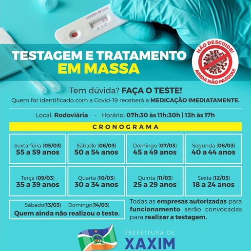 Xaxim irá disponibilizar testes e tratamento precoce em massa para a população