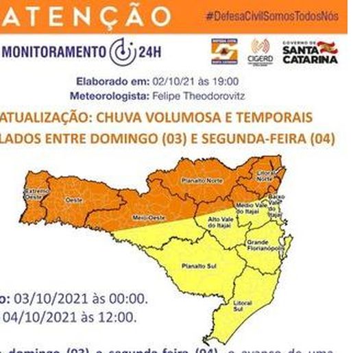 Defesa Civil alerta para chuvas volumosas antes da geada em SC